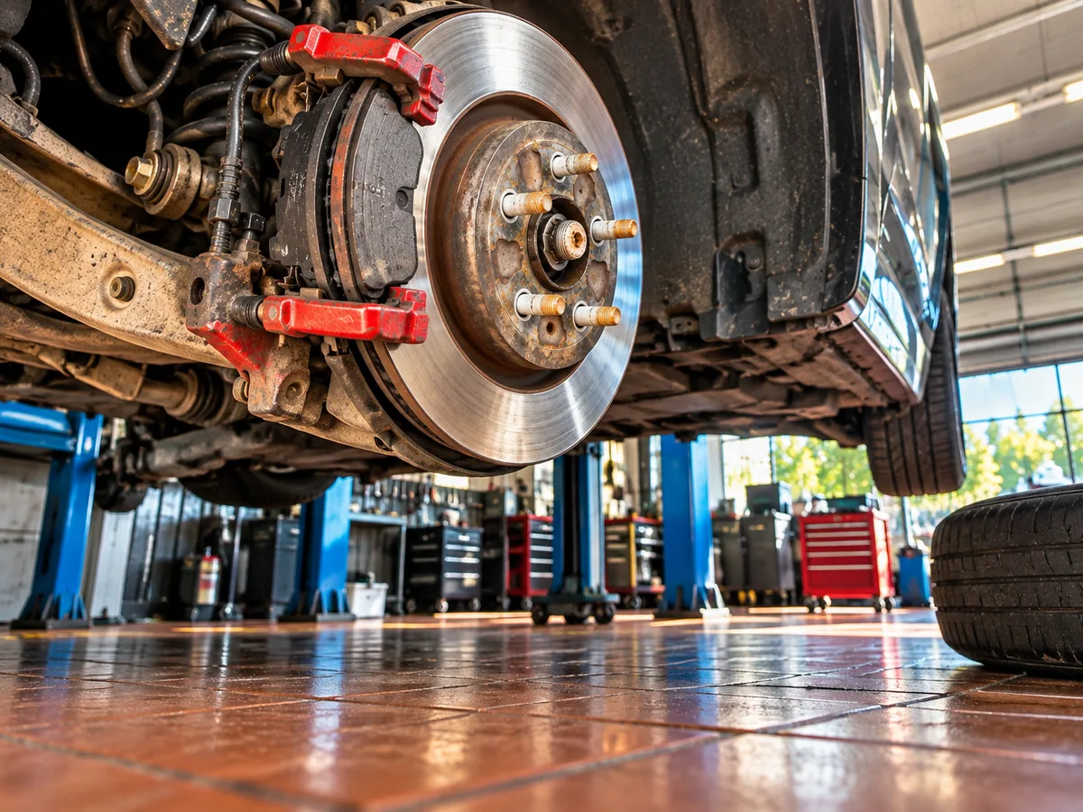 Bremsscheibe und roter Bremssattel am angehobenen Fahrzeug