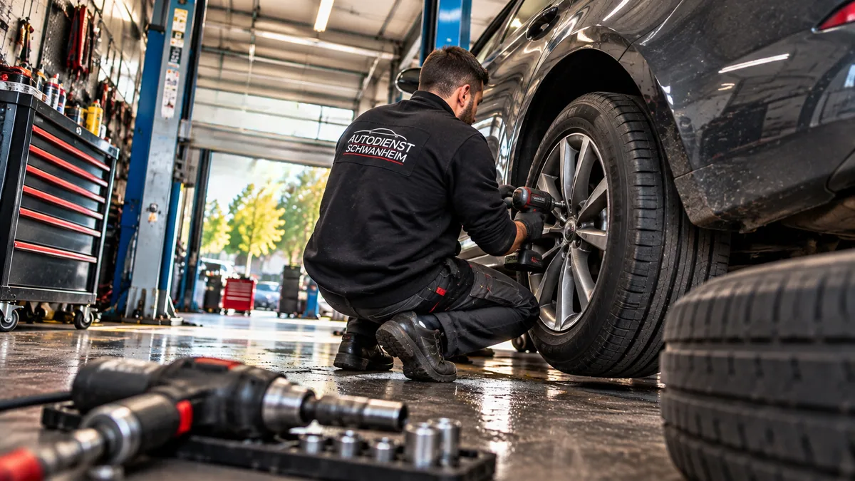 Mitarbeiter bei der Radmontage in der Werkstatt