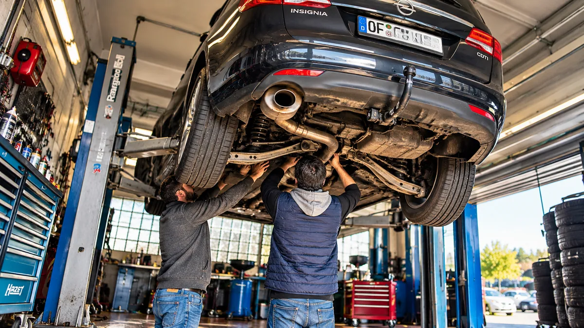 Zwei Mitarbeiter bei Arbeiten am Unterboden eines angehobenen Fahrzeugs